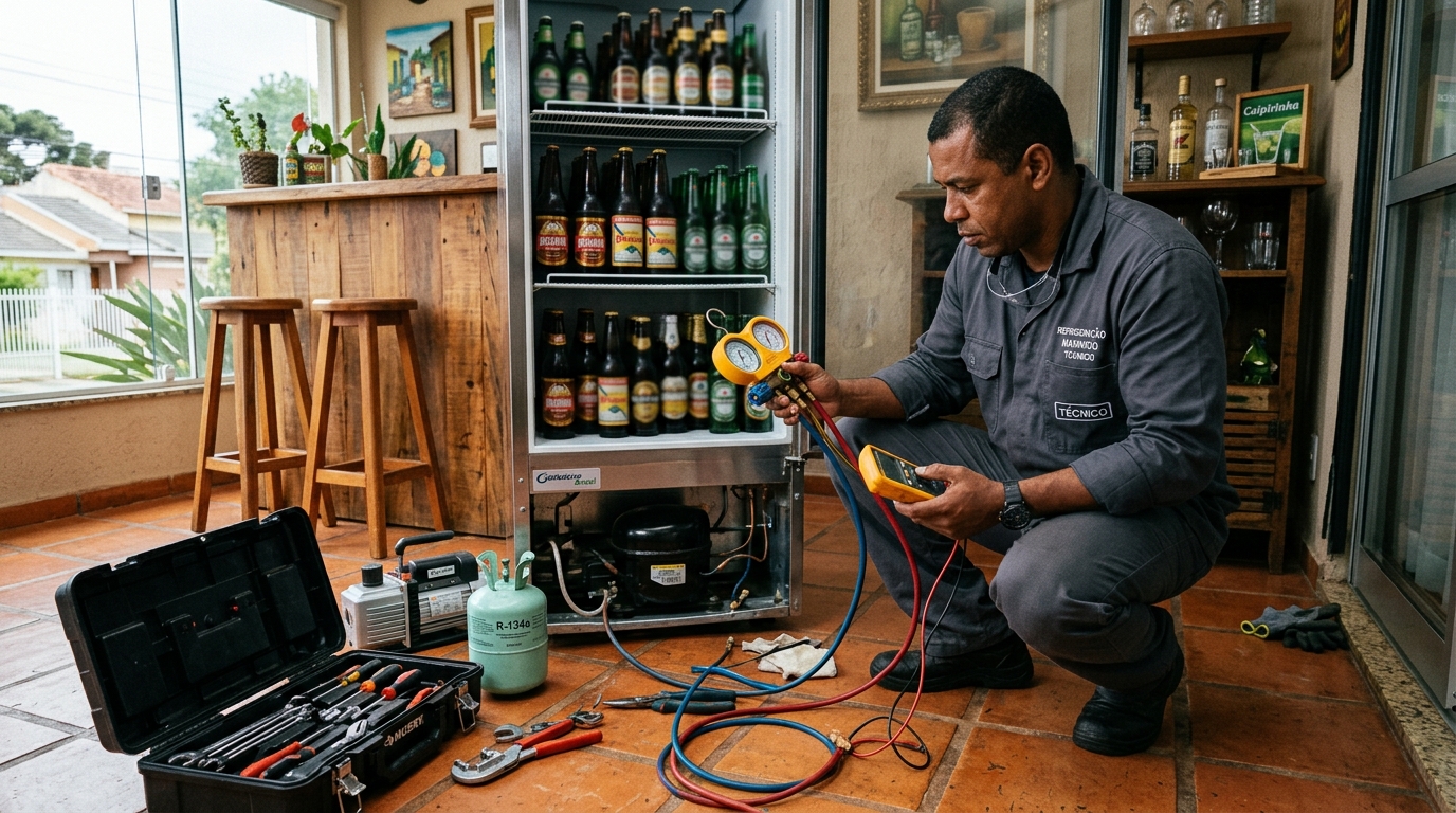 Técnico realizando manutenção de motor de cervejeira no Progresso, Blumenau‑SC