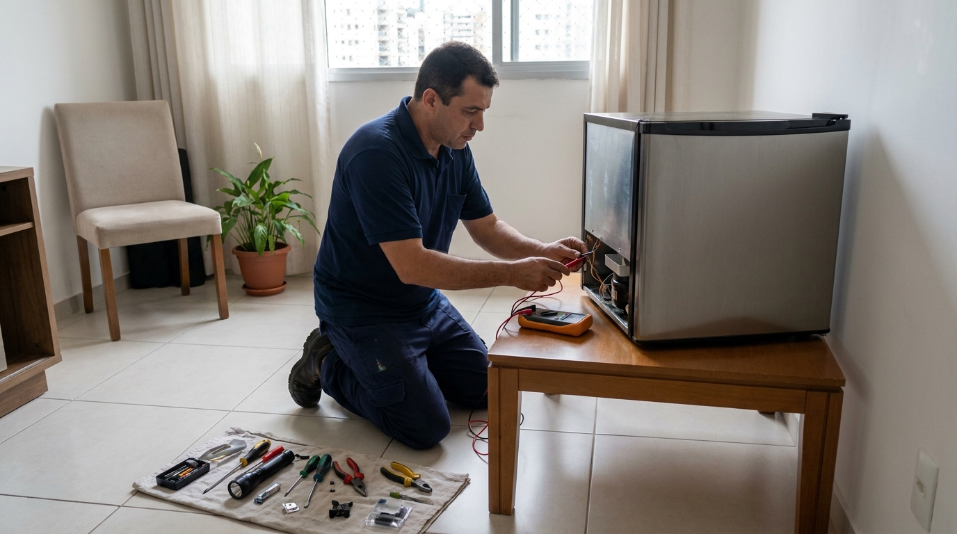 Técnico realizando manutenção de motor de frigobar em Da Glória, Blumenau‑SC