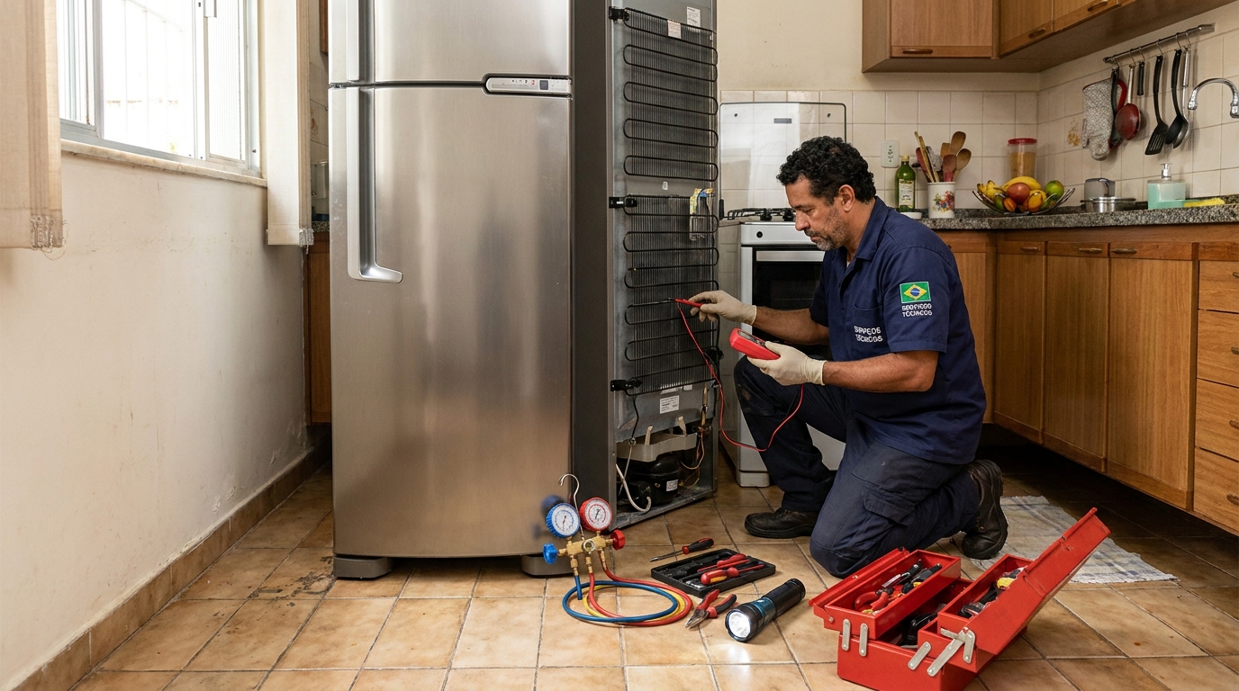 Técnico realizando manutenção de motor de geladeira no Badenfurt, Blumenau‑SC