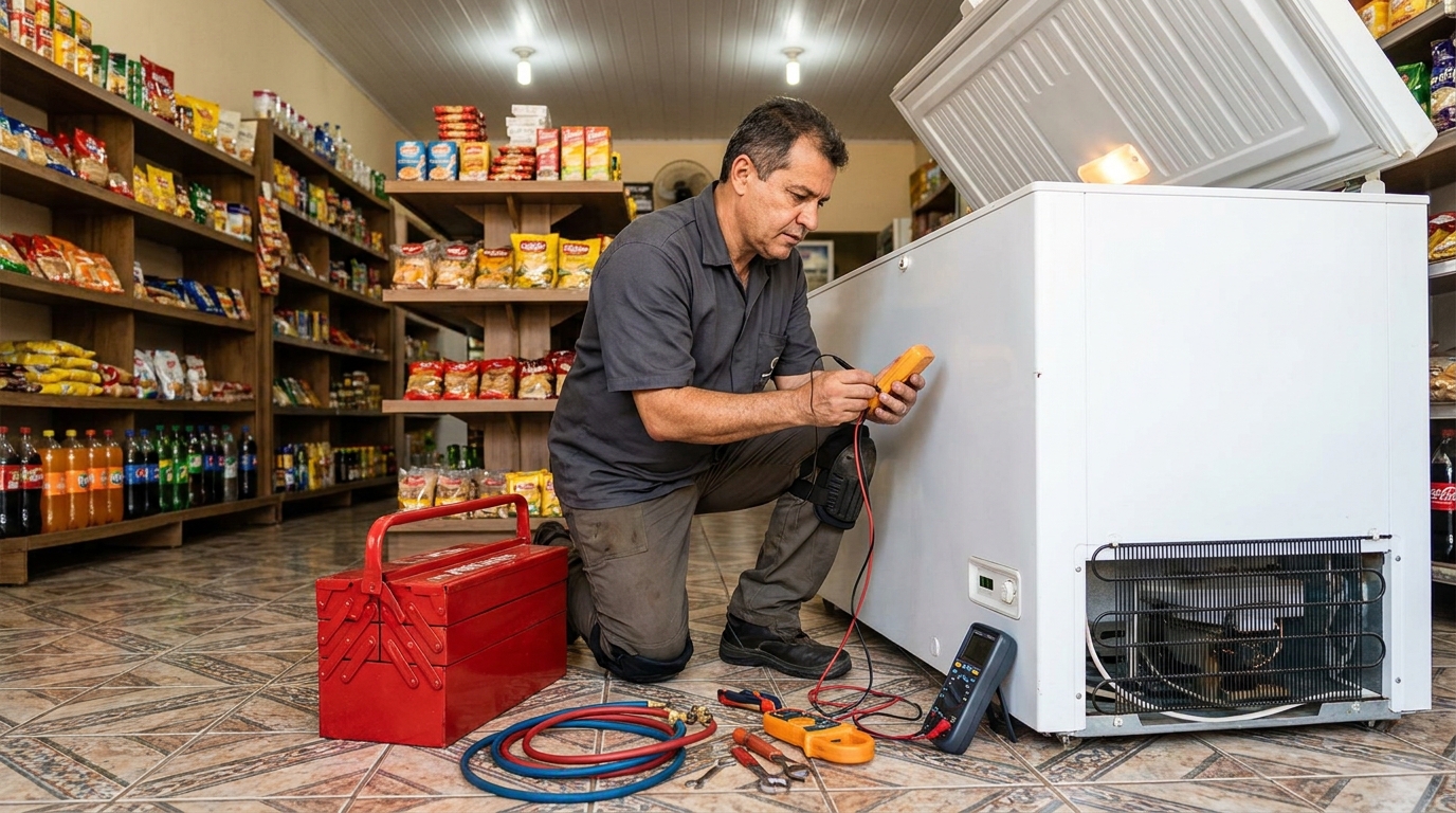 Recarga de gás refrigerante em freezer em atendimento no Tribess, Blumenau‑SC