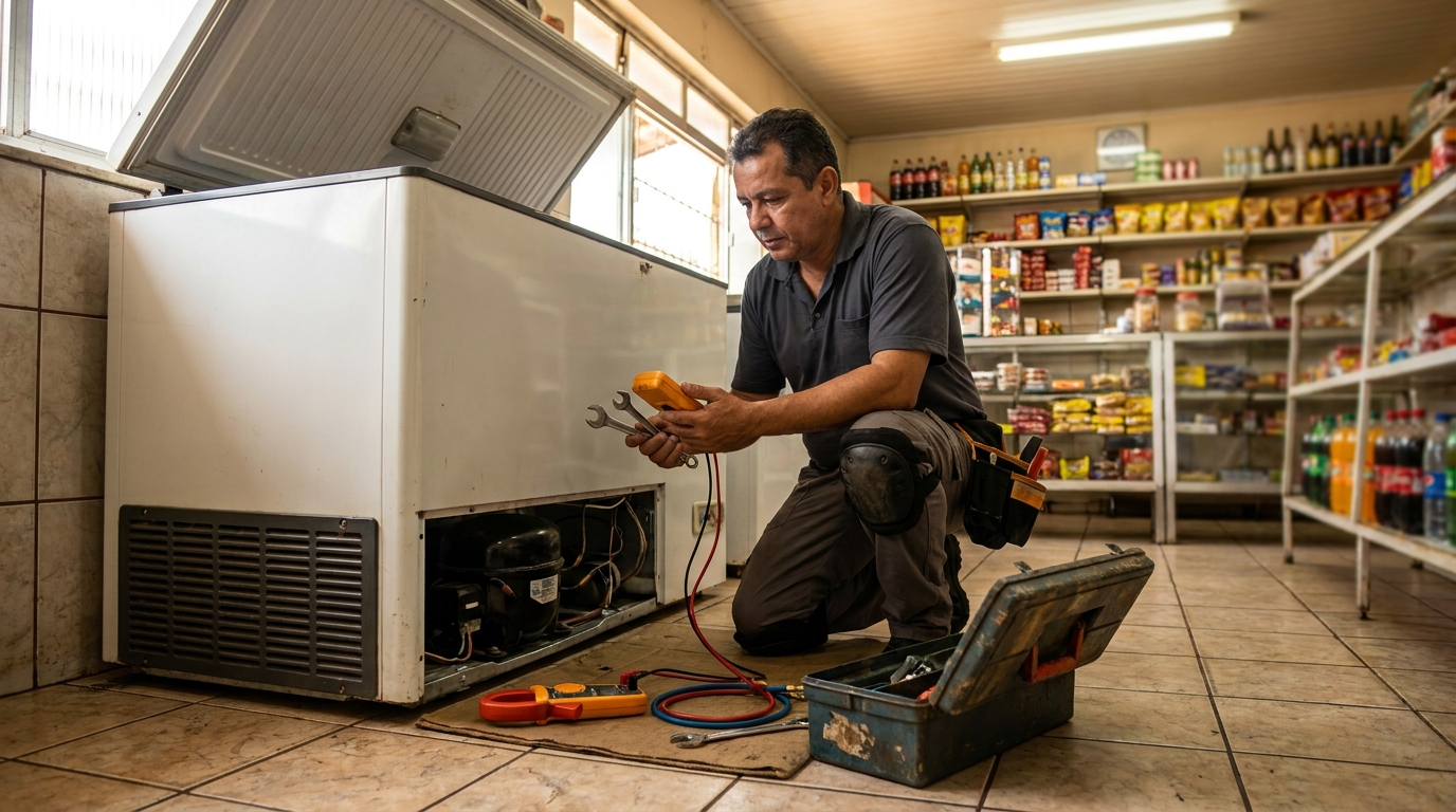 Técnico de conserto de freezer em residência no Tribess, Blumenau‑SC