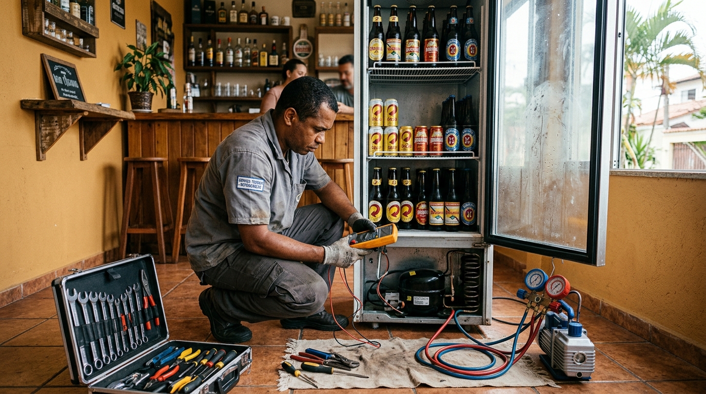 Troca de termostato de cervejeira em atendimento técnico no Progresso, Blumenau‑SC