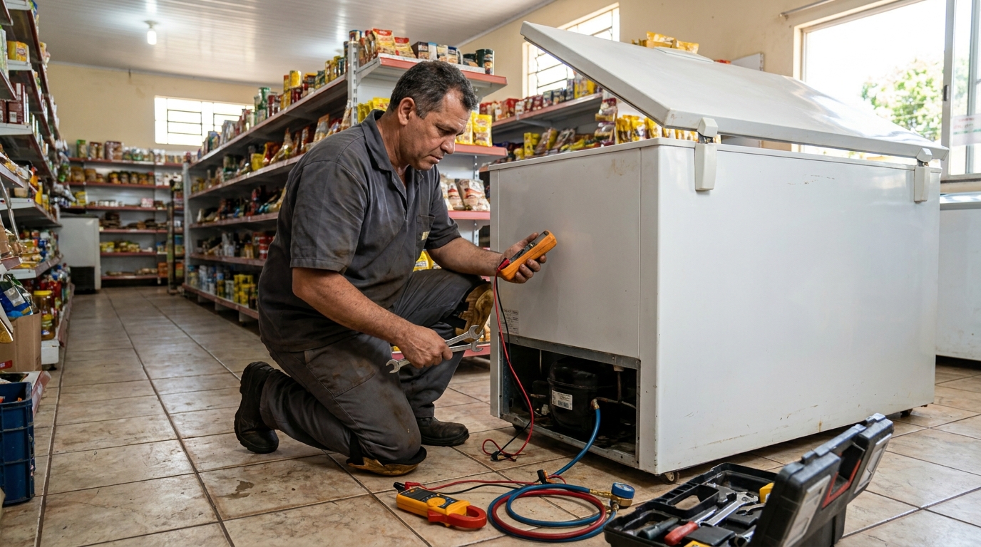 Troca de termostato de freezer em atendimento técnico no Tribess, Blumenau‑SC